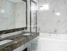 Modern bathroom with marble countertops and bathtub