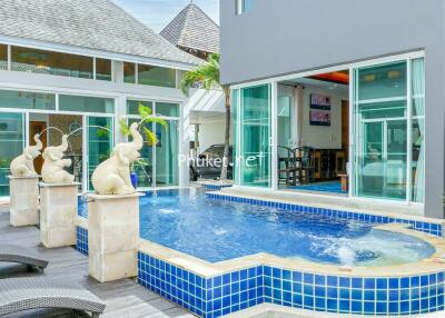 Outdoor area with swimming pool and decorative elephant fountains