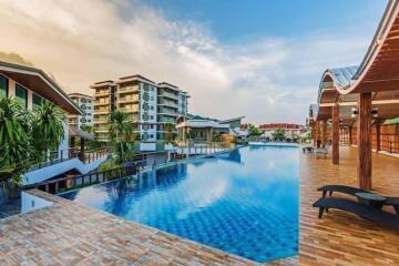 Outdoor swimming pool with surrounding buildings