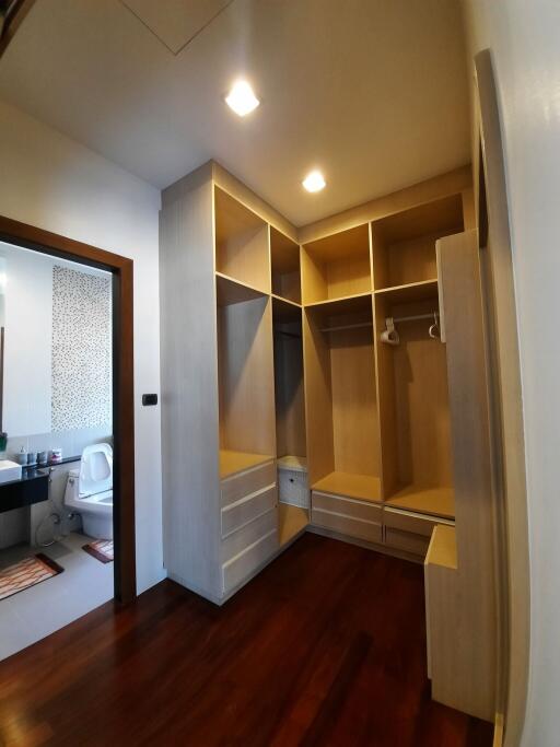 Walk-in closet with built-in shelving and drawers, view into adjacent bathroom