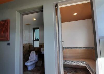 Bathroom with toilet and shower area