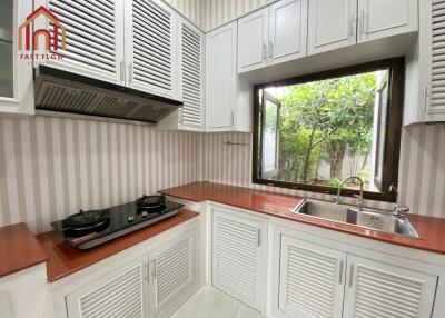 Modern kitchen with window, stove, and sink