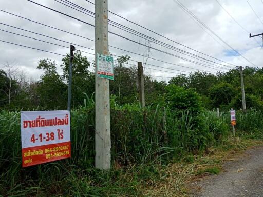 Vacant land with prominent signage and utility poles