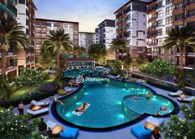 Outdoor pool area with surrounding residential buildings