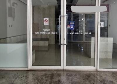 Entrance of a modern building with glass doors