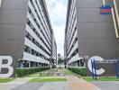 Exterior view of residential buildings with outdoor communal area