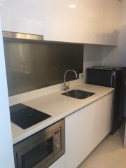 Modern kitchen with white cabinetry and built-in appliances