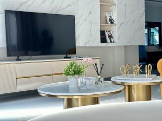 Modern living room with TV and marble decor