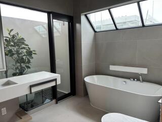 Modern bathroom with bathtub and large windows