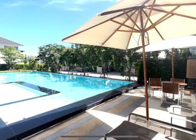 Outdoor pool area with shaded lounge chairs and tables