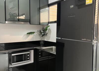 Modern kitchen with black cabinetry and appliances