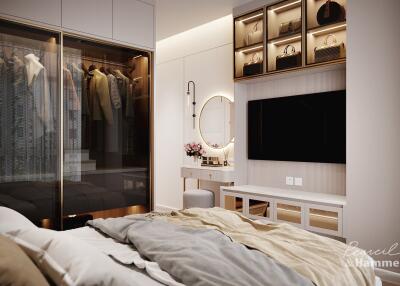 Modern bedroom with dressing area and TV setup