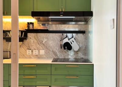 Modern kitchen with green cabinets and marble backsplash