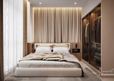 Modern bedroom with a large bed, floor-to-ceiling curtains, and built-in wardrobe