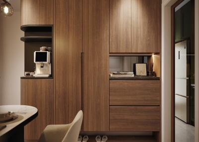 Modern kitchen with built-in wooden cabinetry and integrated appliances