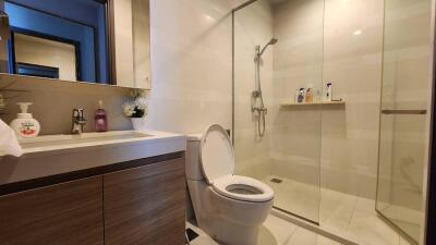 Modern bathroom with glass shower, toilet, and sink