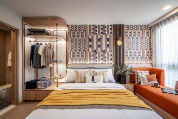 Modern bedroom with decorative wall, cozy furniture, and open wardrobe