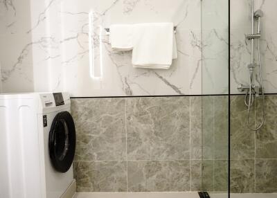 Modern bathroom with shower and laundry machine