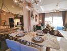 Modern dining area leading to a cozy living room with large windows