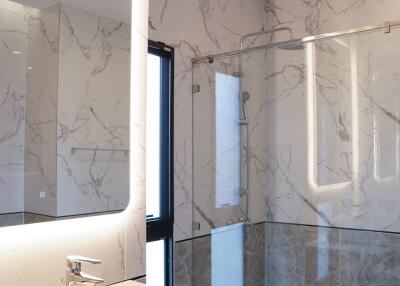 Modern bathroom with marble walls and walk-in shower