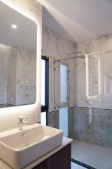 Modern bathroom with marble walls and walk-in shower