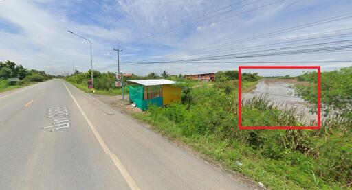 Roadside view with a small structure and greenery