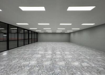 Spacious empty commercial space with modern lighting and large windows