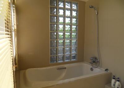 Bathroom with bathtub and glass window