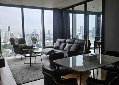 Modern living room with a city view