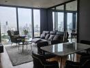 Modern living room with a city view