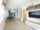 Modern living room with dining area and mounted TV