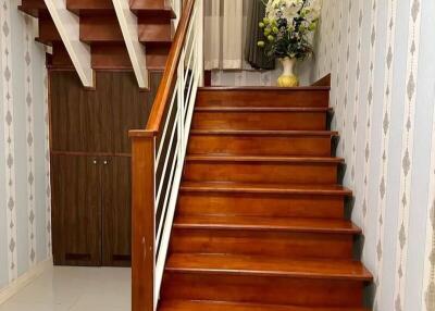 Staircase with wooden steps and decorative plant