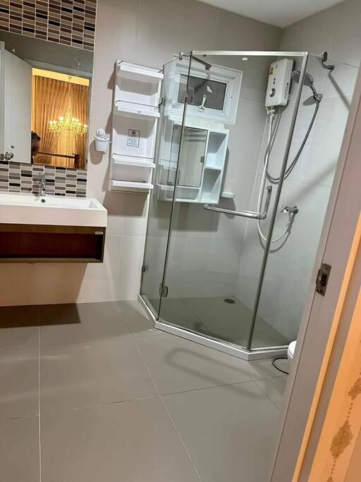 Modern bathroom with glass shower enclosure