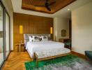 Modern bedroom with wooden ceiling and stylish decor