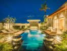 Luxurious outdoor pool area with surrounding greenery and seating