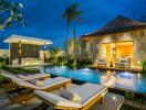 Outdoor area with pool, lounge chairs, and a house at dusk