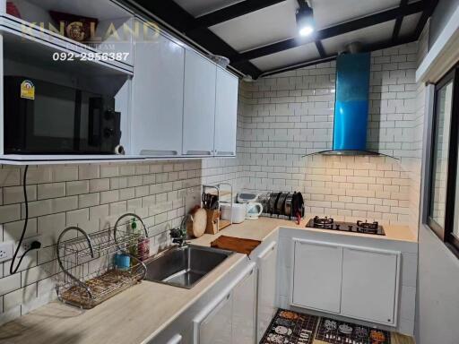 Modern kitchen with white cabinets and blue range hood