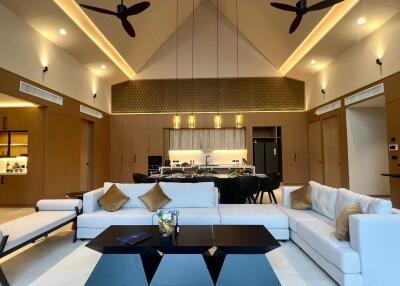 Modern living room with open kitchen and high ceiling