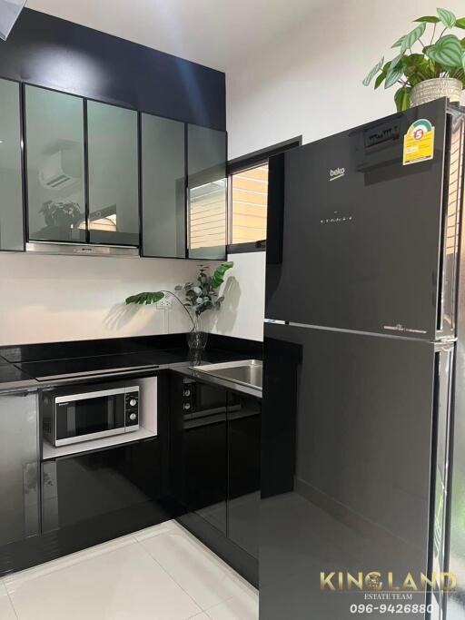 Modern kitchen with black appliances and cabinets