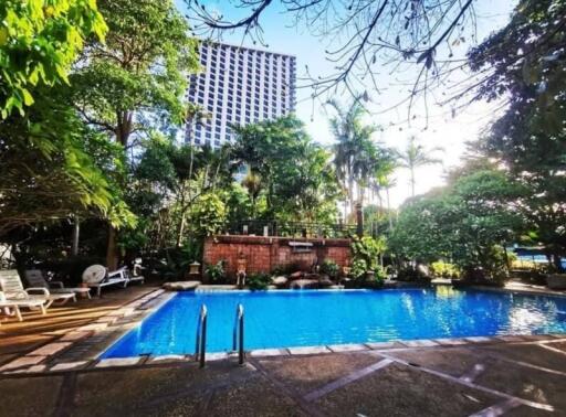 Outdoor swimming pool with lush greenery and tall buildings in background