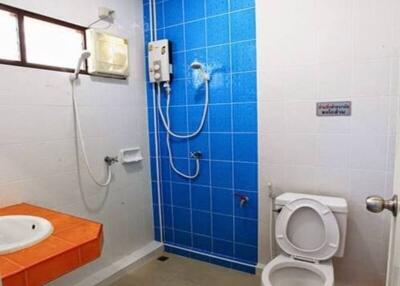 Bathroom with toilet, shower area, and sink