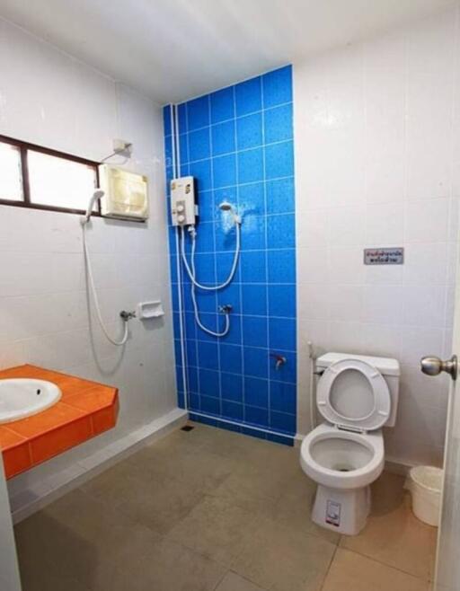 Bathroom with toilet, shower area, and sink