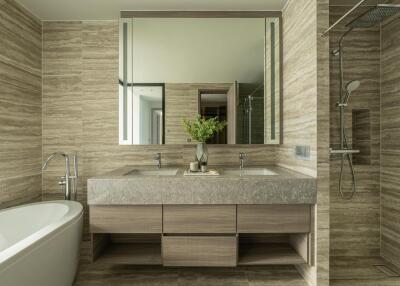 Modern bathroom with double vanity, bathtub, and walk-in shower