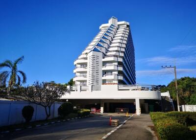 Modern multi-story building with clear blue sky