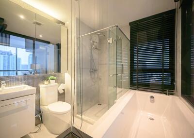 Modern bathroom with glass shower and bathtub