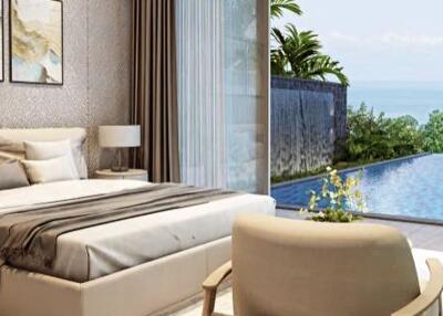 Bedroom with pool view and modern decor