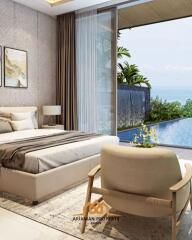 Bedroom with pool view and modern decor