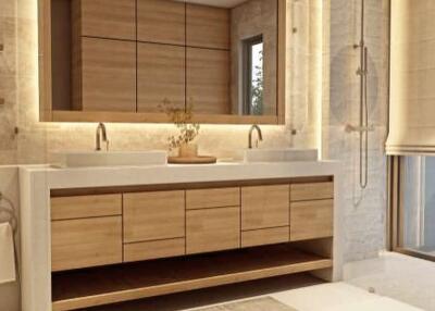 Modern bathroom with dual sinks and large mirror