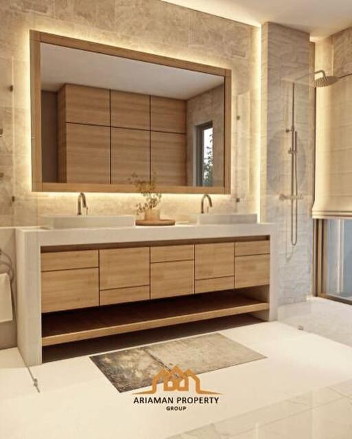 Modern bathroom with dual sinks and large mirror