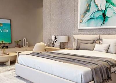 Modern bedroom with large bed and wall art